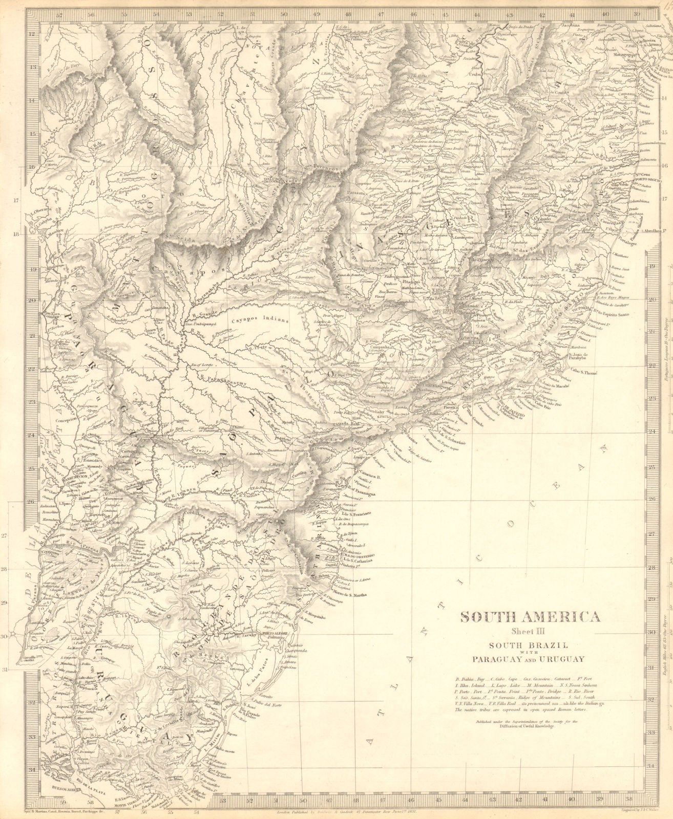 SOUTH BRAZIL PARAGUAY URUGUAY. Bahia Minas Gerais Sao Paolo. SDUK 1848 old map